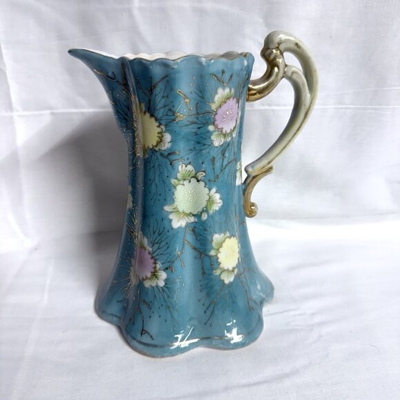 Antique Hand Painted Porcelain Pitcher – Aqua Blue Floral Gold Trim – 8.5” Tall - Picture 1 of 9